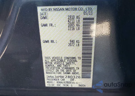 2013 Nissan Altima 2.5 S z USA, uszkodzony, nr VIN 1N4AL3AP9DC280326